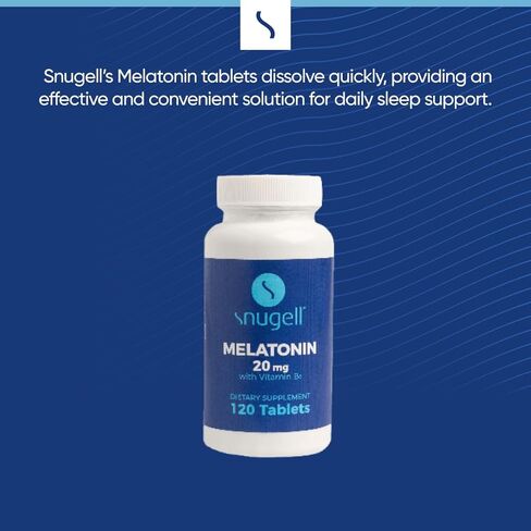 Snugell Melatonin 20 mg Tablets with Vitamin B6 | Vegetarian, Non-GMO, Gluten Free | High-Potency 20 mg | Support Natural Sleep Cycles | 120 Fast Dissolving Tablets (1) in Kuwait