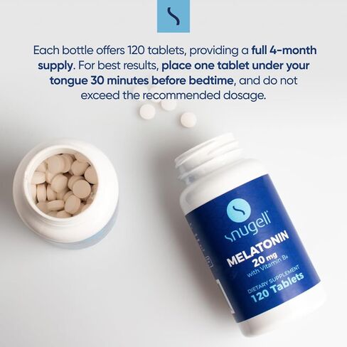 Snugell Melatonin 20 mg Tablets with Vitamin B6 | Vegetarian, Non-GMO, Gluten Free | High-Potency 20 mg | Support Natural Sleep Cycles | 120 Fast Dissolving Tablets (1) in Kuwait