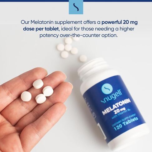 Snugell Melatonin 20 mg Tablets with Vitamin B6 | Vegetarian, Non-GMO, Gluten Free | High-Potency 20 mg | Support Natural Sleep Cycles | 120 Fast Dissolving Tablets (1) in Kuwait