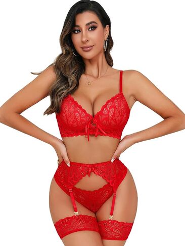 Sexy Lingerie for Women,3 Piece Lace Lingerie Set Bra and Panty Sets with Garter Belt Babydoll Teddy Lingerie in Kuwait