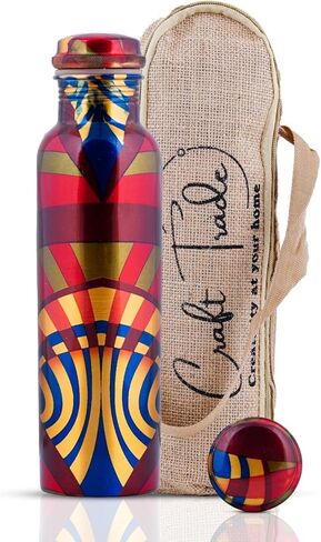 زجاجة مياه نحاسية من كرافت تريد، سعة 32 أونصة، وعاء نحاسي نقي أيورفيدي كبير جدًا للشرب - زجاجة مياه مضادة للتسرب أقل من الأيورفيدا الهندية ذات الفوائد الصحية للمكتب والفندق وصالة الألعاب الرياضية in Kuwait