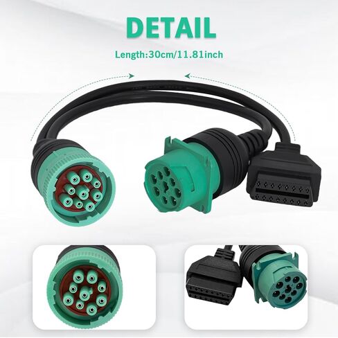 OBD to Type 2 Green 9pin J1939 and 6pin J1708 Split Y Cable for Diesel Truck Diagnostics Adapter, 2-in-1 6 Pin+9 Pin OBD2 Cable Connector Fit for Heavy Duty Truck in Kuwait