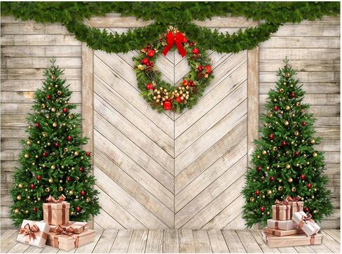 Funnytree 10x8FT Christmas Wood Door Photography Backdrop for Xmas Decoration Pine Tree Gifts Rustic House Background Photo Booth Shoot Durable Fabric Washable in Kuwait