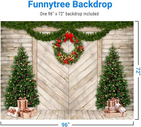 Funnytree 10x8FT Christmas Wood Door Photography Backdrop for Xmas Decoration Pine Tree Gifts Rustic House Background Photo Booth Shoot Durable Fabric Washable in Kuwait