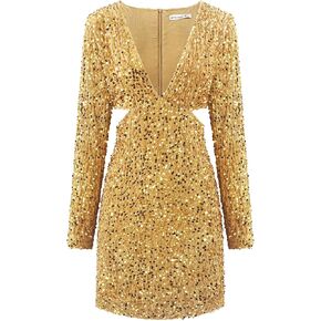 R.Vivimos Womens Glitter Sequin Party Dresses Fall Winter Long Sleeve Sexy Deep V Neck Cut Out Sparkly Club Velvet Mini Dress