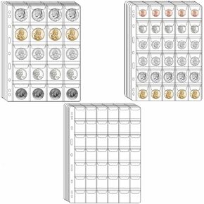 644 Pockets 3 Sizes Coin Collection Pages, 21 Sheets Coin Collection Supplies Pages with Standard 9 Hole Coin Binder Sleeves for Coin Stamp Currency Collection (20+30+42 Pocket)