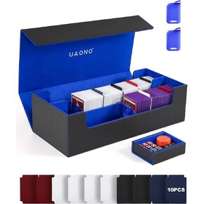 Card Deck Box with MTG Commander Display, Patented Design Card Deck Case Holds 100+ Double-Sleeved Cards, PU Leather Cards Storage Box For TCG with 2 Dividers, 1 Toploader (Black&Blue)