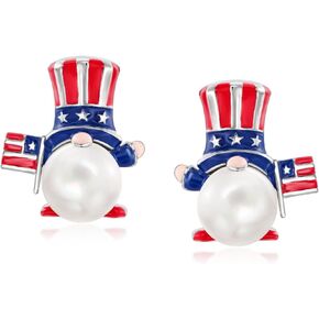Ross-Simons 8-8.5mm Cultured Pearl and Multicolored Enamel Patriotic Gnome Earrings in Sterling Silver