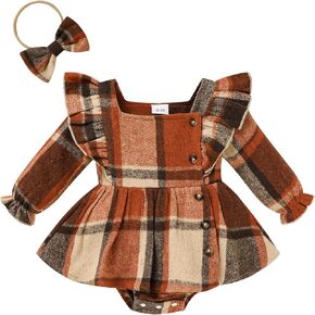 Newborn Baby Girl Fall Winter Clothes Plaid Long Sleeve Romper Buttons Outfit Ruffles Dress with Bow Headband