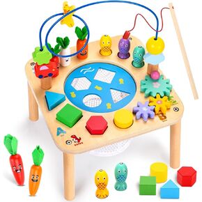 oathx Activity Table for 1 Year Old, 6 in 1 Wooden Montessori Activity Center with Bead Maze Shape Sorter Fishing Game, Kids Sensory Play Table Toddler Toys 1st Birthday Gifts Boy Girl