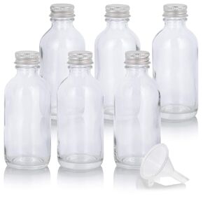 JUVITUS 2 oz Clear Glass Boston Round Bottles with Silver Metal Screw On Caps (12 PACK) + Funnel