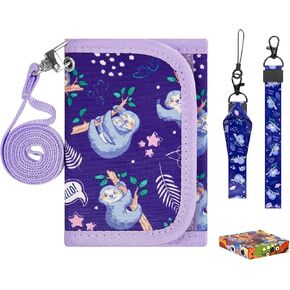 Choco Mocha Galaxy Kids Wallets for Girls Ages 5-7 6-8 9-12, Little Girls Wallets with Lanyard Gift Box, Green-Purple