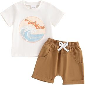 2Pcs Infant Baby Boy First Birthday Outfit Short Sleeve The Big One T-Shirt and Shorts Summer Surfer Birthday Outfit