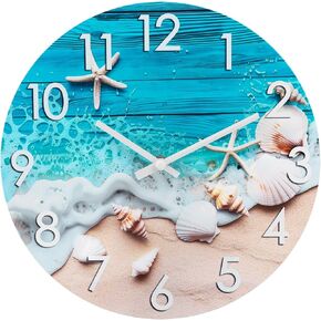 Rustic Wall Clock 12 Inch Silent Non-Ticking Battery Operated, Coastal Beach Clock for Bathroom Kitchen Living Room Bedroom,Seashell Theme,Blue (Glass)