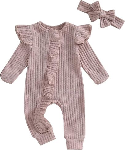 Baby Girl Newborn Clothes Fall Winter Hospital Coming Home Outfit Bow Long Sleeve Romper Zipper Onesie Jumpsuit in Kuwait