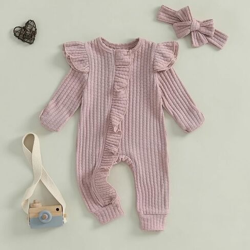 Baby Girl Newborn Clothes Fall Winter Hospital Coming Home Outfit Bow Long Sleeve Romper Zipper Onesie Jumpsuit in Kuwait