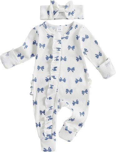 Baby Girl Newborn Clothes Fall Winter Hospital Coming Home Outfit Bow Long Sleeve Romper Zipper Onesie Jumpsuit in Kuwait