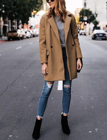 Hooever Women's Notched Lapel Wool Coat Single Breasted Pea Coats Winter Wool Blend Blazer Jacket in Kuwait