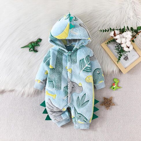 Baby Boys Dinosaur Outfit Fleece Bodysuit Infant One Piece Hooded Button Romper Outerwear Jumpsuit Toddler Jackets in Kuwait