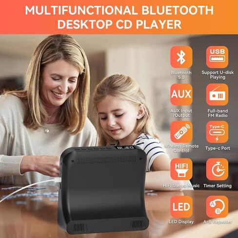 Fohil CD Player for Home, Desktop CD Player with Bluetooth 5.0 Built-in Double HiFi Speakers, LED Screen CD Music Players Support AUX&USB Headphone Jack FM Radio, Gift for Boyfriend Husband in Saudi Arabia