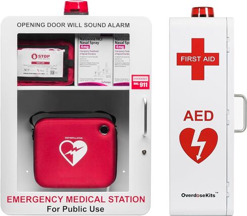 Emergency Medical Station | AED & Naloxone Wall Mount Cabinet Designed to Store AED's, Naloxone, Bleeding Control Kits & First Aid Kits for Public Spaces (White) in Kuwait