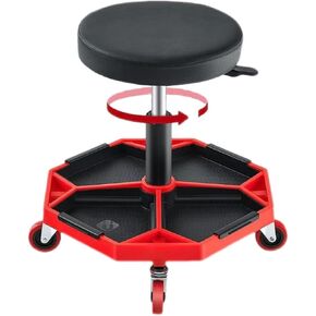 Nightcore Pneumatic Adjustable Rolling Mechanic Stool, Heavy Duty Rolling Garage Stool w/Multiple Tool Storage Tray & Padded Seat Cushion, 330 LBS Weight Swivel Capacity Shop Stool, Black & Red