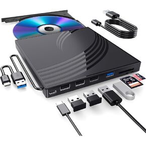 External CD/DVD Drive for Laptop, Ultra Slim CD Burner USB 3.0 Hub with 4 USB Ports, 2 TF/SD Card Slots,1 Type-C Port,DVD Player for Laptop Compatible with mac OS/Windows/Linux