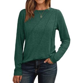 AUTOMET Womens Long Sleeve Shirts Pleated Crew Neck Casual Fall Fashion Tops Loose Fit Lightweight Girls Outfits Clothes