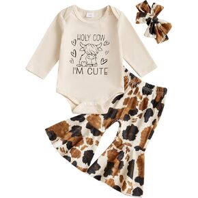 Chloefairy Western Baby Girl Fall Clothes Holy Cow I'm Cute Romper Bell Bottoms Flare Pants Set 3Pcs Infant Cowgirl Outfit