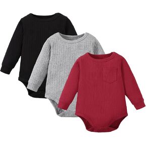 ROMPERINBOX Newborn Onsies Boy Girl 3 Pack Rib Knit Baby Bodysuit Solid Color Striped Short Sleeve for Unisex