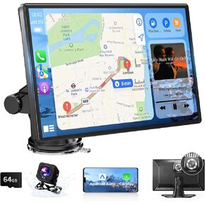 شاشة لمس محمولة Carplay & Android Auto مقاس 9 بوصات، ستيريو سيارة لاسلكي مع كاميرا داش 4K، كاميرا احتياطية 1080P، ملاحة GPS، وصلة مرآة، التحكم الصوتي، FM، Siri، بلوتوث لجميع المركبات in Kuwait