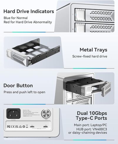 حاوية محرك الأقراص الصلبة Yottamaster VN500C3 5 Bay، سلسلة Daisy 5 Bay DAS بسرعة 10 جيجابت في الثانية، حاوية USB C DAS من الألومنيوم تدعم 110 تيرابايت (5x22 تيرابايت)، بحد أقصى يصل إلى 330 تيرابايت لـ 2.5 بوصة و3.5 بوصة SATA HDD/SSD (بدون أقراص) in Saudi Arabia