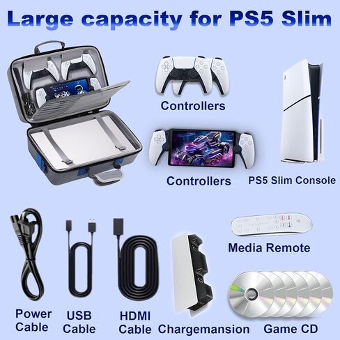 Hard Shell Carrying Case for PS5 Slim, Portable Carry Bag PlayStation 5 Slim Compatible with Disk Digital Edition, PS5 Slim Console Travel Suitcase for Controller, Base, Game Accessories Black in Saudi Arabia