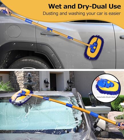 anngrowy 56.7" Car Wash Brush Mop Kit Mitt Sponge with Long Handle Car Cleaning Supplies Kit Tools Car Washing Duster Exterior Scratch Free, Chenille Replacement Head Extension Pole in Saudi Arabia