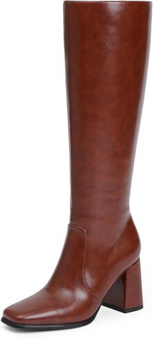 Knee High Boots Women Chunky Heel Square Toe Tall Boots Women Heeled Size Zipper Long Boots in Kuwait