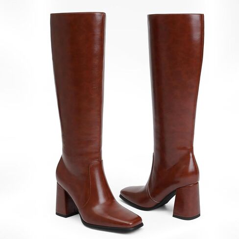 Knee High Boots Women Chunky Heel Square Toe Tall Boots Women Heeled Size Zipper Long Boots in Kuwait