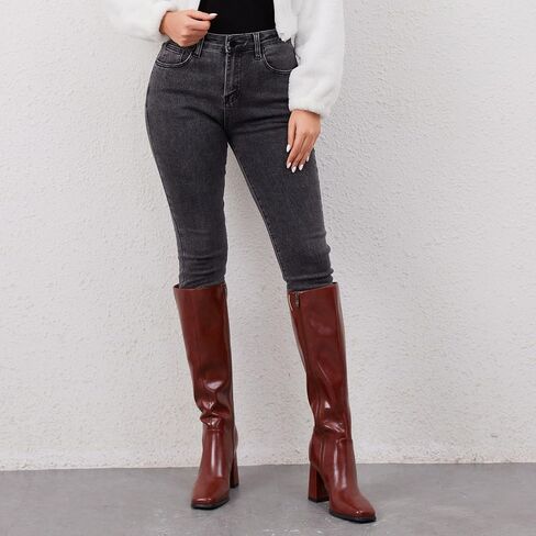 Knee High Boots Women Chunky Heel Square Toe Tall Boots Women Heeled Size Zipper Long Boots in Kuwait