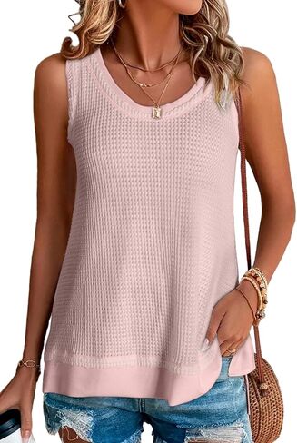 BLENCOT Women's Waffle Knit Summer Tank Top Casual Scoop Neck Sleeveless Loose Tunic Tops in Kuwait