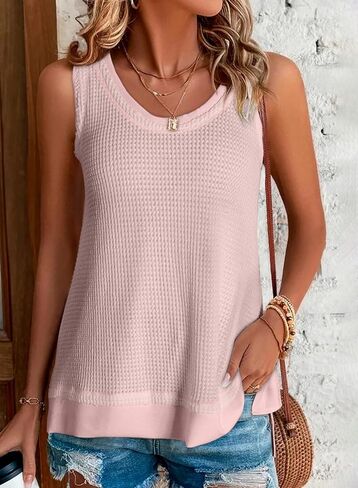 BLENCOT Women's Waffle Knit Summer Tank Top Casual Scoop Neck Sleeveless Loose Tunic Tops in Kuwait