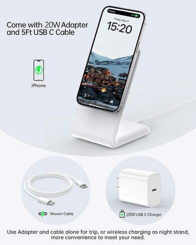 Wireless Charger for Magsafe Charger, Magnetic iPhone Charger w/ 30W Adapter & 5ft Long Braided Cable, Fast Wireless Charging Stand for iPhone 15/14/13/12 Series - Black in Saudi Arabia