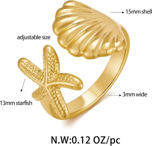 مكتنزة الذهب شل بيان خواتم للنساء كبيرة مفتوحة الفرقة خواتم الذهب قابل للتعديل خواتم الصيف المجوهرات هدية in Kuwait