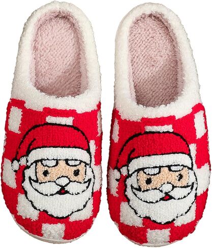 Afellicy Halloween Christmas Slippers Checkered Scuff for Women and Men Holiday Indoor Bedroom Fluffy Warm Fleece Slippers Winter Soft Cozy Home Non-Slip Soft Plush Slip-on Wool Lined House Shoes in Kuwait