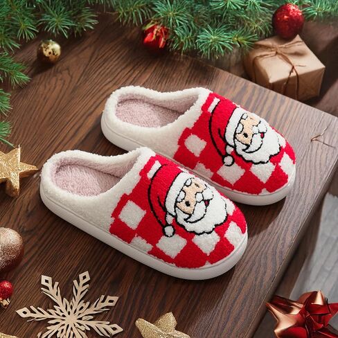 Afellicy Halloween Christmas Slippers Checkered Scuff for Women and Men Holiday Indoor Bedroom Fluffy Warm Fleece Slippers Winter Soft Cozy Home Non-Slip Soft Plush Slip-on Wool Lined House Shoes in Kuwait