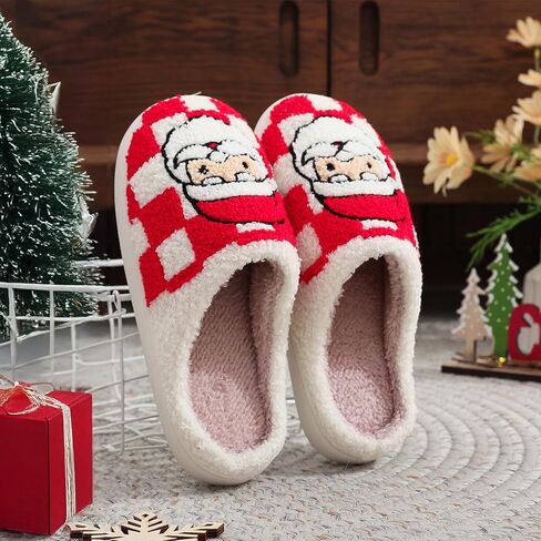 Afellicy Halloween Christmas Slippers Checkered Scuff for Women and Men Holiday Indoor Bedroom Fluffy Warm Fleece Slippers Winter Soft Cozy Home Non-Slip Soft Plush Slip-on Wool Lined House Shoes in Kuwait