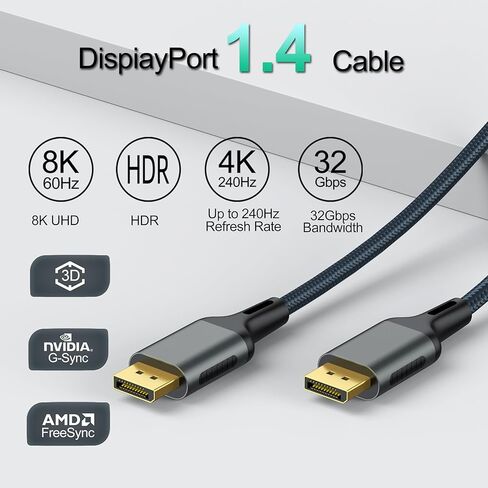 منفذ عرض إلى كابل منفذ العرض 5 حزم، كابل DisplayPort 1.4 8K، كابل DP إلى DP بطول 6.6FT، سلك عرض عالي السرعة (8K@60 هرتز، 4K@144 هرتز، 2K@240 هرتز) للشاشة، الكمبيوتر، سطح المكتب، الكمبيوتر المحمول، الكمبيوتر الشخصي in Kuwait
