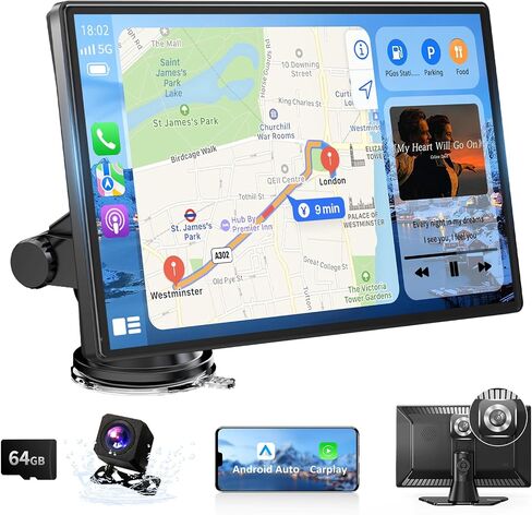 شاشة لمس محمولة Carplay & Android Auto مقاس 9 بوصات، ستيريو سيارة لاسلكي مع كاميرا داش 4K، كاميرا احتياطية 1080P، ملاحة GPS، وصلة مرآة، التحكم الصوتي، FM، Siri، بلوتوث لجميع المركبات in Kuwait