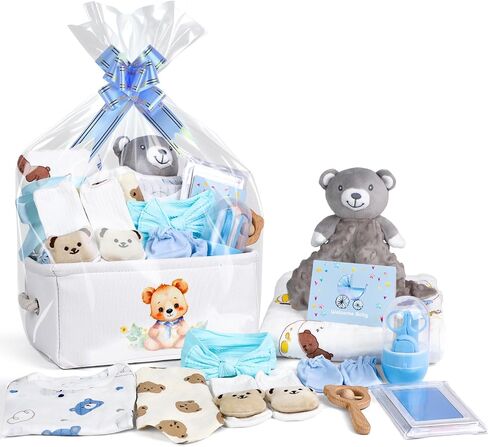 Baby Shower Gifts,19PCS Newborn Essentials Must Haves Gender Reveal Gifts with Baby Clothes, Baby Blanket, Baby Rattle Toy, Baby Grooming kit and Infant footprint kit, Baby Basket for New Moms Parents in Saudi Arabia