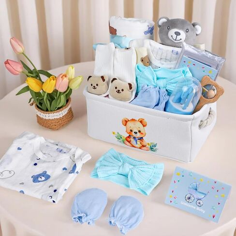 Baby Shower Gifts,19PCS Newborn Essentials Must Haves Gender Reveal Gifts with Baby Clothes, Baby Blanket, Baby Rattle Toy, Baby Grooming kit and Infant footprint kit, Baby Basket for New Moms Parents in Saudi Arabia