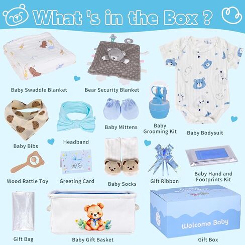 Baby Shower Gifts,19PCS Newborn Essentials Must Haves Gender Reveal Gifts with Baby Clothes, Baby Blanket, Baby Rattle Toy, Baby Grooming kit and Infant footprint kit, Baby Basket for New Moms Parents in Saudi Arabia