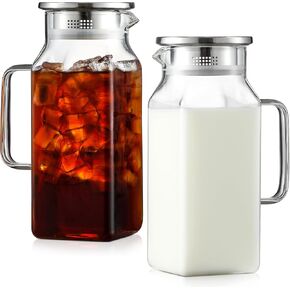Netany 2 Pack 2 Liters/68 oz Square Glass Pitcher with Lid and Handle for Fridge, Iced Tea and Coffee Carafe Beverage Serveware, Heat Resistant Borosilicate Water Jug for Hot/Cold Drinks and Milk
